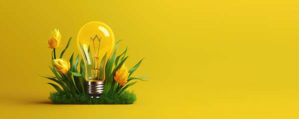 Wall Mural - Eco friendly lightbulb with plants yellow background, Renewable and sustainable energy. Generative AI