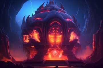 Wall Mural - 3D illustration of an alien temple with a mysterious object emitting glowing flames - Generative AI