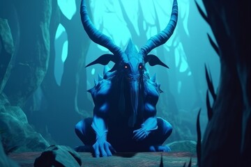 Wall Mural - 3D illustration of a blue demon creature with large horns - fantasy art - Generative AI