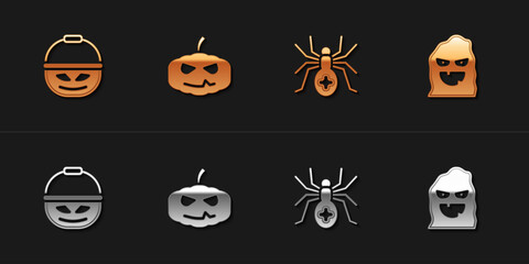 Canvas Print - Set Pumpkin basket for sweets, , Spider and Funny and scary ghost mask icon. Vector