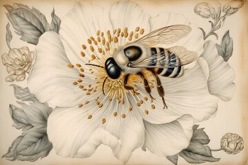 Exquisite Watercolor Drawing with Intricate Bee Details by Maria Sibylla Merian, generative AI
