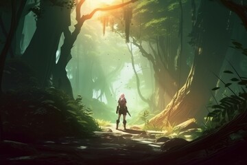 Wall Mural - Digital painting of an elf exploring a vine-covered forest, surrounded by tall trees and glowing mushrooms - Fantasy 3D illustration - Generative AI