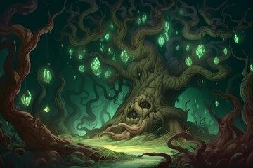 Wall Mural - Digital fantasy painting of an evil oak tree in a magical forest with a flowing green river of poison - Generative AI