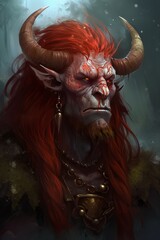 Poster - Digital painting of an orc with long red hair and horns - fantasy illustration - Generative AI