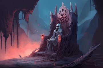 Canvas Print - A digital painting of castle ruins with a ghostly undead king floating on a destroyed throne in a mysterious atmosphere - fantasy illustration - Generative AI