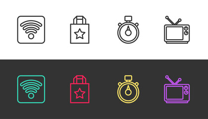 Poster - Set line Wi-Fi wireless internet network, Paper shopping bag, Stopwatch and Retro tv on black and white. Vector