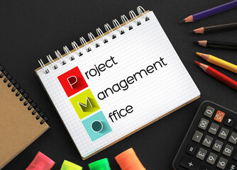Poster - pmo - project management office acronym, business concept background, text on notepad
