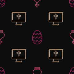 Poster - Set line Christian church tower, cross on monitor and Easter egg on seamless pattern. Vector