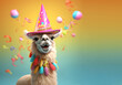 © Sandra Chia - Creative animal concept. Alpaca in party cone hat necklace bowtie outfit isolated on solid pastel background advertisement, copy text space. birthday party invite invitation