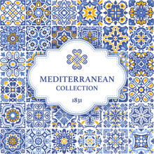 Label Or Business Card Template With Azulejo Mosaic Tile Pattern, Blue, White, Yellow Colors, Floral Motifs. Mediterranean, Portuguese, Spanish Traditional Vintage Style. Vector Illustration