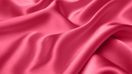 Viva Magenta toned red magenta fabric atlas. Close up pink silk satin texture for sewing. Abstract background wallpaper. Twisted folds cloth. Trendy color of the year 2023. Fashion color pattern

