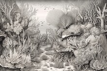 Delicate And Intricate: A Stunning Drawing Of A Coral Reef With Exquisite Linework And Fine Details, Generative AI