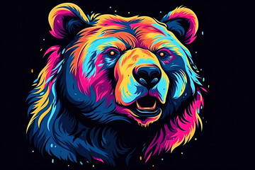 Wall Mural - Abstract neon portrait of a bear's head, a grizzly in the style of pop art on a black background. Generative AI illustration