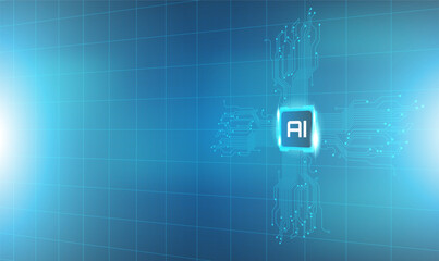 Fototapete - Abstract blue AI technology background with circuit board and  circle tech.Vector illustration