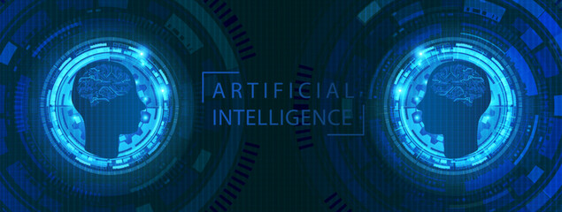 Fototapete - Ai robot of binary coding processing over blue background with circuit board and circle tech.Vector illustration
