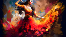 Flamenco Spanish Dancers Abstract Art With Vivid Passionate Colours, Digital Art.