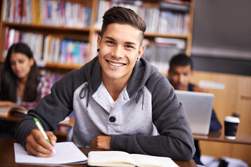 Aufkleber - Education, writing and happy with portrait of man in library for study, research or classroom quiz. Focus, learning and notebook with male student at university for knowledge, scholarship and project