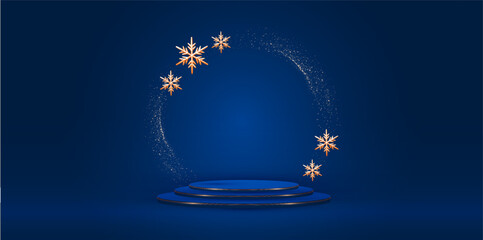 Christmas podium. New Year presentation with empty scene and elegant gold snowflakes.
