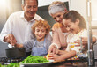 © N Katie/peopleimages.com - Pot, happy children or grandparents teaching cooking skills for a healthy dinner with vegetables diet at home. Learning, kids siblings helping or grandmother with old man or food meal in kitchen