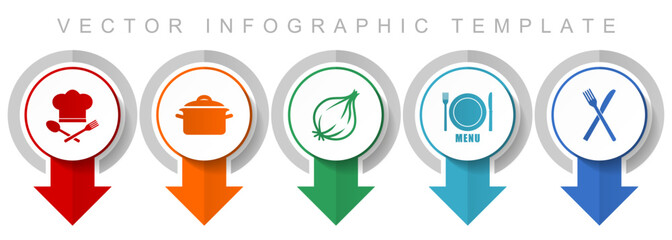 Fototapete - Food icon set, miscellaneous pointer icons such as chef hat, pot, onion, menu and cutlery for webdesign and mobile applications, modern design infographic vector template