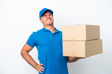 Wall Mural - Delivery caucasian man isolated on white background suffering from backache for having made an effort