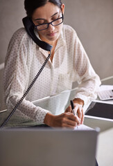 Poster - telephone, write and female secretary on a call doing research on internet with laptop. technology, 