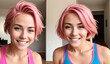 Portrait of a sporty beautiful girl with pink hair. Generative AI.