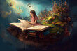 © Mihai Zaharia - Happy young girl reading a book and imagining a fairy-tale world. Digital painting. Generative AI