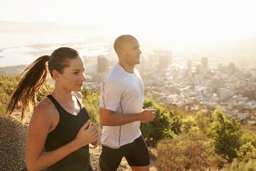 Poster - Sunrise, fitness and coach running with woman as workout or morning exercise for health and wellness together. Sport, marathon and runner run with man athlete for training for energy or sports