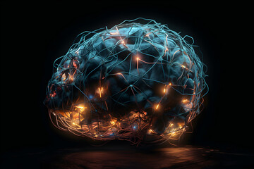 Fototapete - Neural network in the shape of a human brain with glowing connections. Generative AI