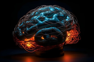 Fototapete - Neural network in the shape of a human brain with glowing connections. Generative AI