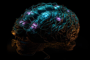 Fototapete - Neural network in the shape of a human brain with glowing connections. Generative AI