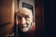 Funny old man peaking suspiciously from behind the door of his appartment. Generative AI
