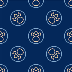 Sticker - Line Paw search icon isolated seamless pattern on blue background. Magnifying glass with animal footprints. Vector