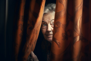 Funny old woman looking suspiciously from behind a curtain. Generative AI