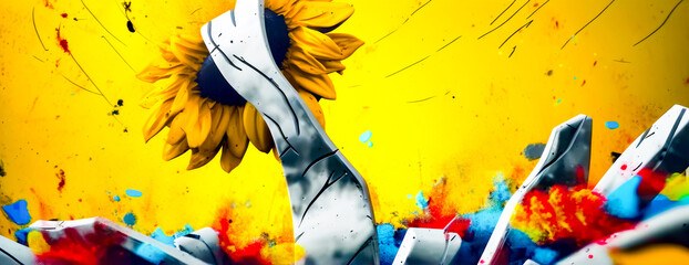 Wall Mural - Painting of sunflower on yellow background with white bag. Generative AI.