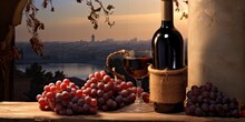Red Wine Bottle On Wooden Table: Vintage Alcoholic Drink For Celebration And Collection Blur Background. Generative AI Illustrations.
