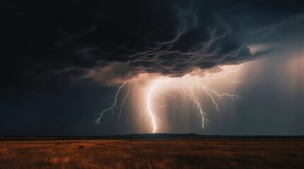 lightning in the night over the field. amazing landscape of a severe thunderstorm in dark night. gen