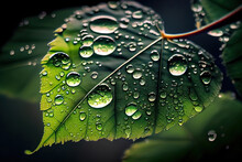 Large Beautiful Drops Of Transparent Rain Water On A Green Leaf Macro. Generative Ai