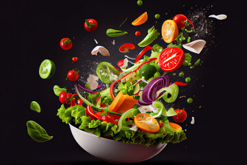 Wall Mural - Fresh mixed vegetables falling into a bowl of salad. Generative Ai
