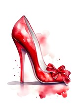 Watercolor Illustration Of A Red Female Shoe With High Heel On White Background. Generative AI.