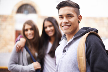 Aufkleber - Education, university and portrait of man on campus ready for studying, education and learning together. Diversity, scholarship and happy male and women students smile for school, academy and college