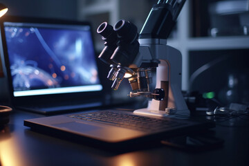Poster - screen microscope and laptop setup for scientific research and analysis, Generative AI