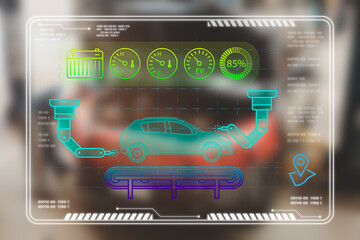 Automobile car service icons with a background of inspection, maintenance, and repair car engine, auto repair workshop blurred