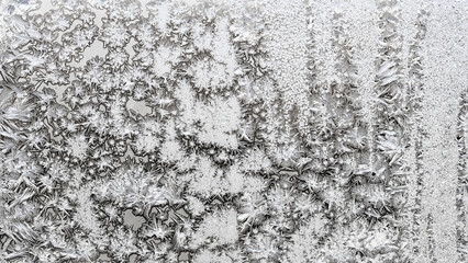 Sticker - panoramic natural background - monochrome frozen pattern on surface on home window glass close up on cold winter day