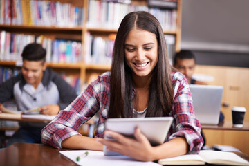 Aufkleber - University, tablet and woman in school library for online research, studying and learning. Education, college academy and happy female student on digital tech for knowledge, internet and website