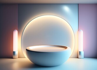 Aufkleber - Beautiful modern futuristic podium with integrated lighting in light blue and purple colors for product presentation. AI generated.