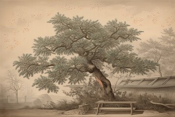  Serene and Detailed Drawing: A Delicately Executed Pine Tree in Brown and Green, generative AI