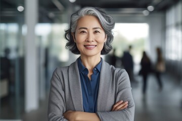 confident middle-aged asian senior female leader in modern office smiles at the camera with arms cro