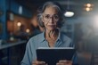An experienced old Latin American woman journalist stands in her office, holding a tablet and ready to report on news and current events. Generative AI